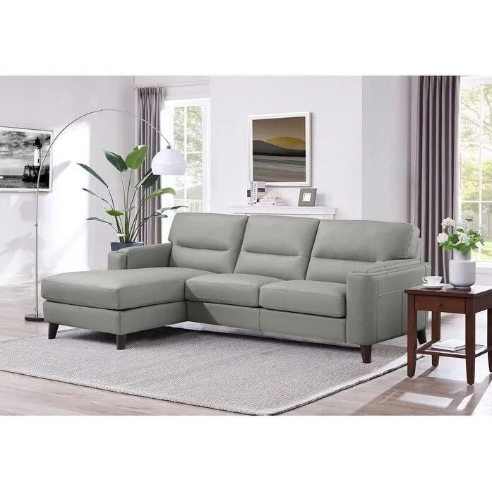 Divano sezionale Hydeline Elm in pelle primo fiore con chaise longue, piume, memory foam e molle
