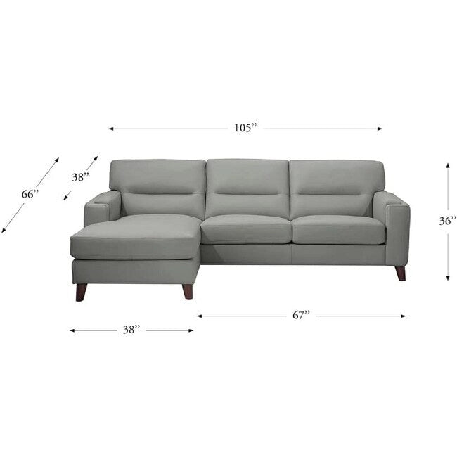 Divano sezionale Hydeline Elm in pelle primo fiore con chaise longue, piume, memory foam e molle