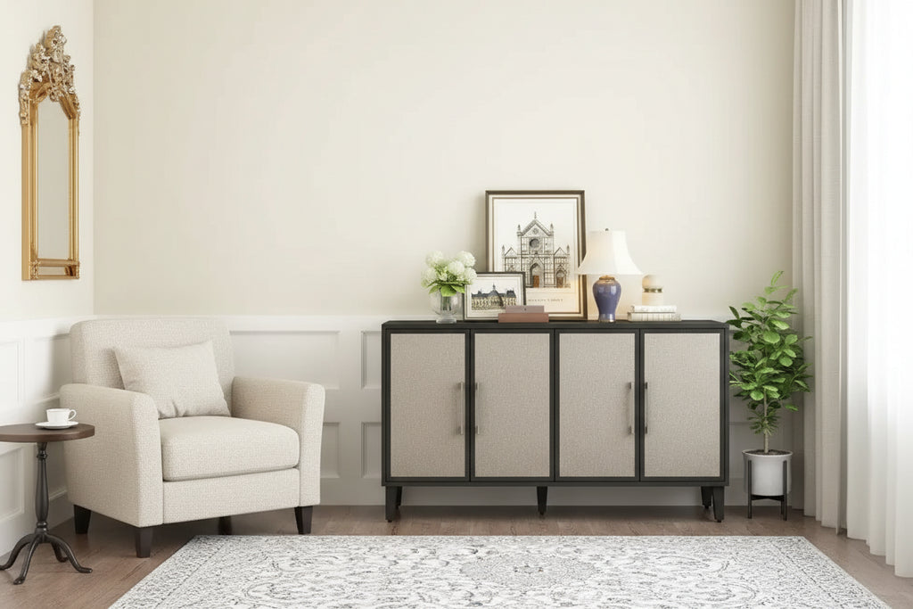 Credenza con ante in lino beige/nero, 2 opzioni di colore, utilizzo singolo