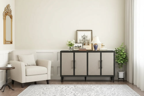 Credenza con ante in lino beige/nero, 2 opzioni di colore, utilizzo singolo