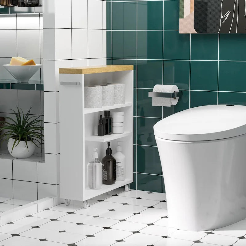 Carrello Portaoggetti Slim da Bagno su Ruote, Bianco, a 3 Ripiani, per Uso Singolo
