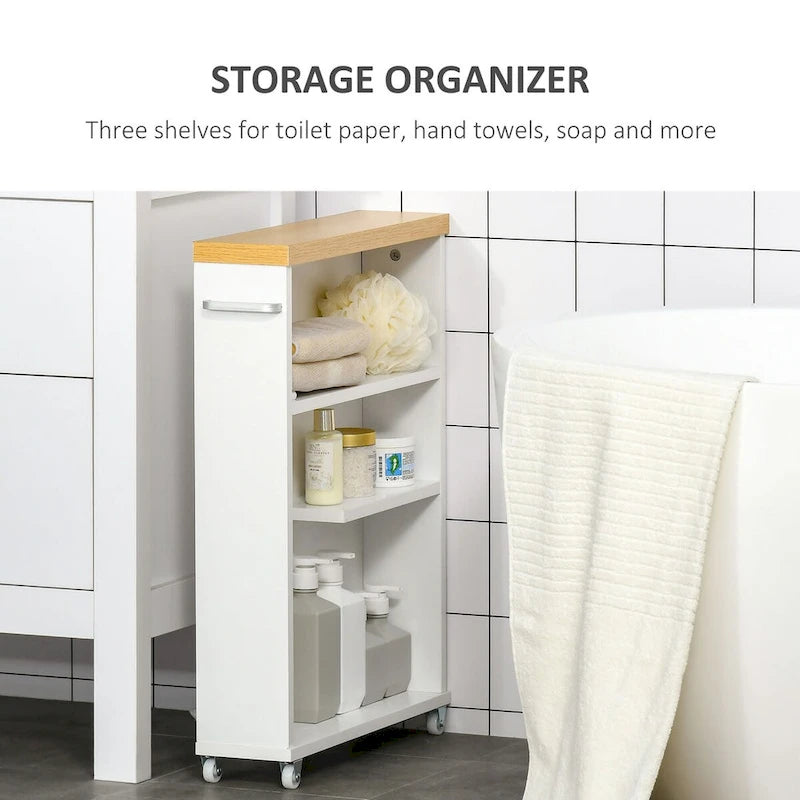 Carrello Portaoggetti Slim da Bagno su Ruote, Bianco, a 3 Ripiani, per Uso Singolo