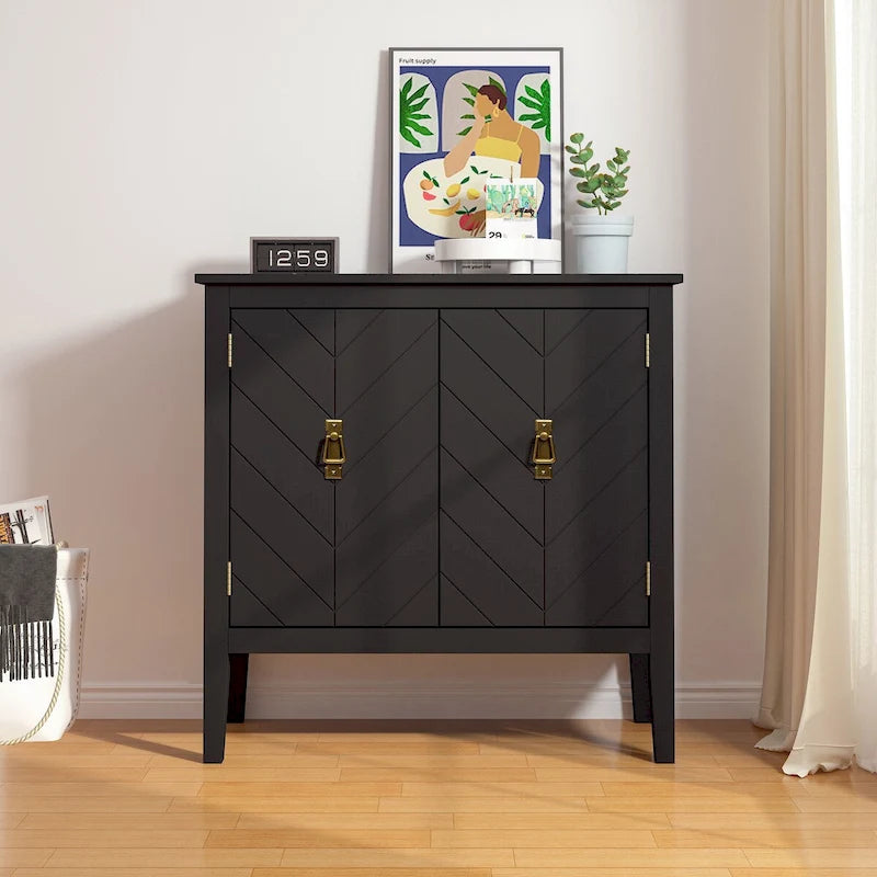Credenza a 2 ante Nera / Grigia con Scaffali Regolabili, Stile Vintage