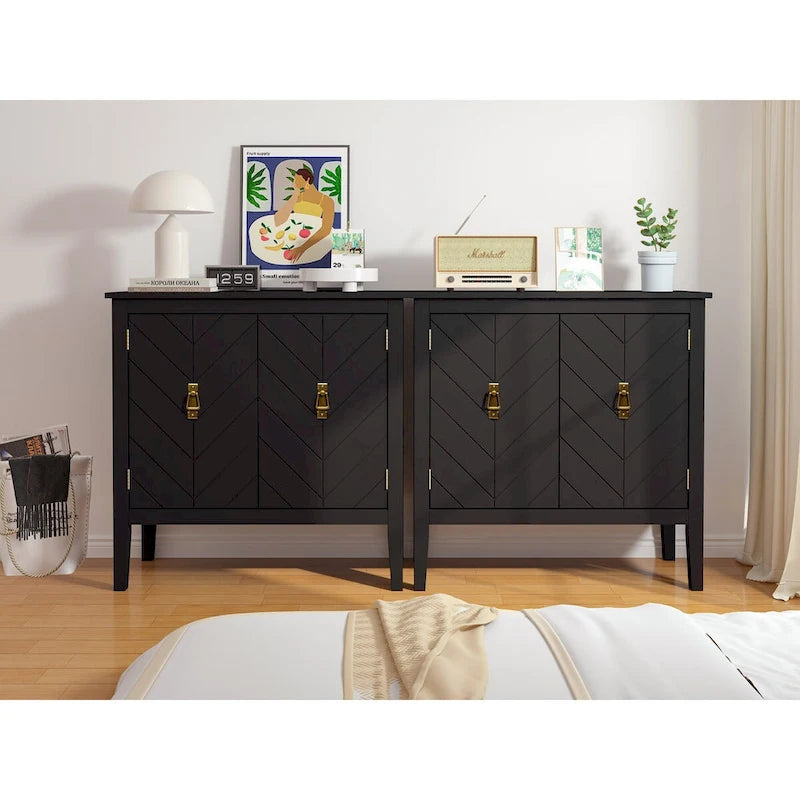 Credenza a 2 ante Nera / Grigia con Scaffali Regolabili, Stile Vintage