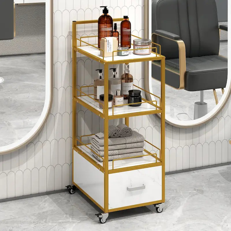 Carrello da salone a 3 ripiani con struttura in metallo dorato, cassetto e ruote bloccabili – Nero/Bianco