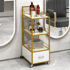 Carrello da salone a 3 ripiani con struttura in metallo dorato, cassetto e ruote bloccabili – Nero/Bianco