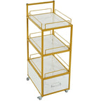 Carrello da salone a 3 ripiani con struttura in metallo dorato, cassetto e ruote bloccabili – Nero/Bianco