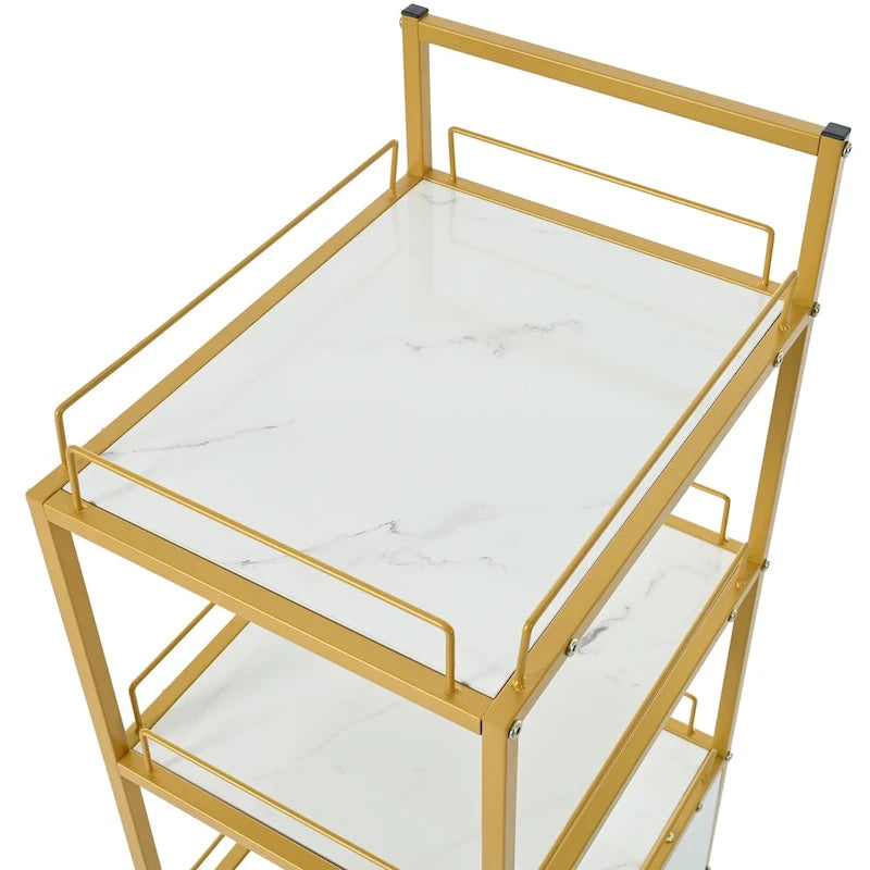 Carrello da salone a 3 ripiani con struttura in metallo dorato, cassetto e ruote bloccabili – Nero/Bianco