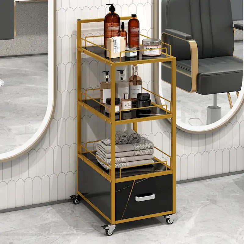 Carrello da salone a 3 ripiani con struttura in metallo dorato, cassetto e ruote bloccabili – Nero/Bianco