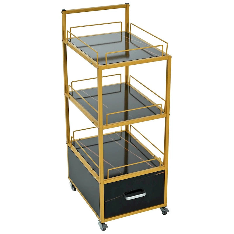 Carrello da salone a 3 ripiani con struttura in metallo dorato, cassetto e ruote bloccabili – Nero/Bianco