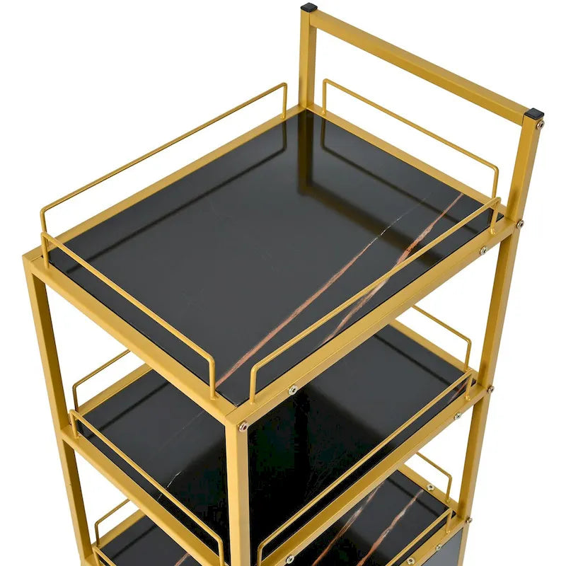 Carrello da salone a 3 ripiani con struttura in metallo dorato, cassetto e ruote bloccabili – Nero/Bianco