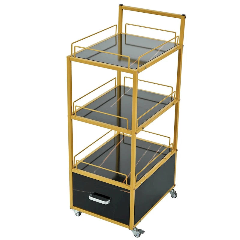 Carrello da salone a 3 ripiani con struttura in metallo dorato, cassetto e ruote bloccabili – Nero/Bianco