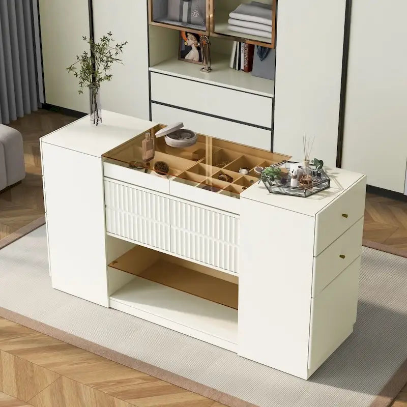 Cassettiera da trucco a un posto con piano in vetro bianco crema e 6 cassetti