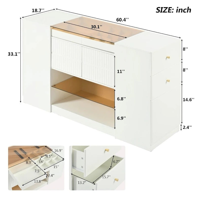 Cassettiera da trucco a un posto con piano in vetro bianco crema e 6 cassetti