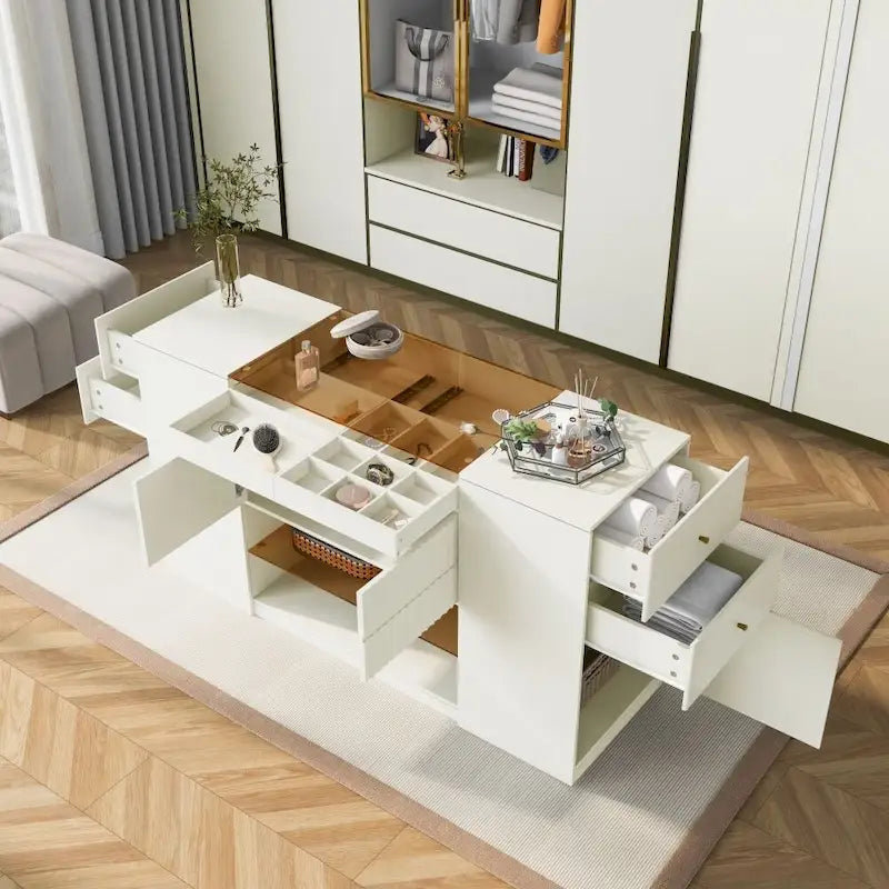 Cassettiera da trucco a un posto con piano in vetro bianco crema e 6 cassetti