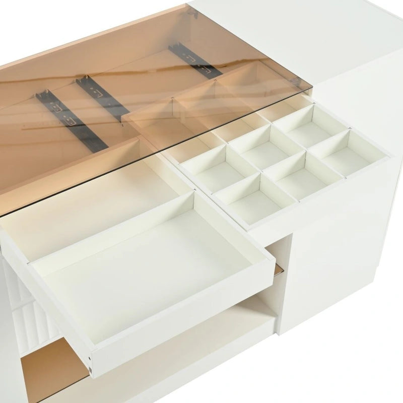 Cassettiera da trucco a un posto con piano in vetro bianco crema e 6 cassetti