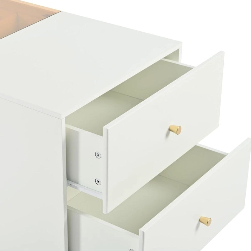 Cassettiera da trucco a un posto con piano in vetro bianco crema e 6 cassetti