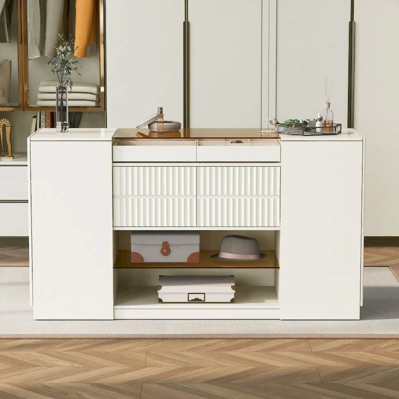 Cassettiera da trucco a un posto con piano in vetro bianco crema e 6 cassetti