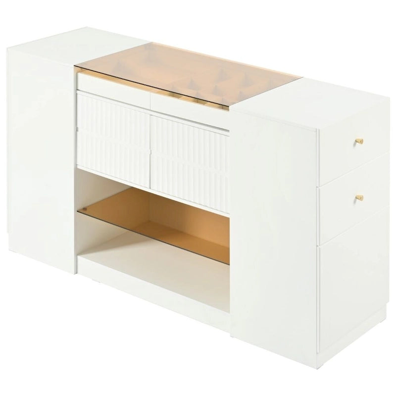 Cassettiera da trucco a un posto con piano in vetro bianco crema e 6 cassetti